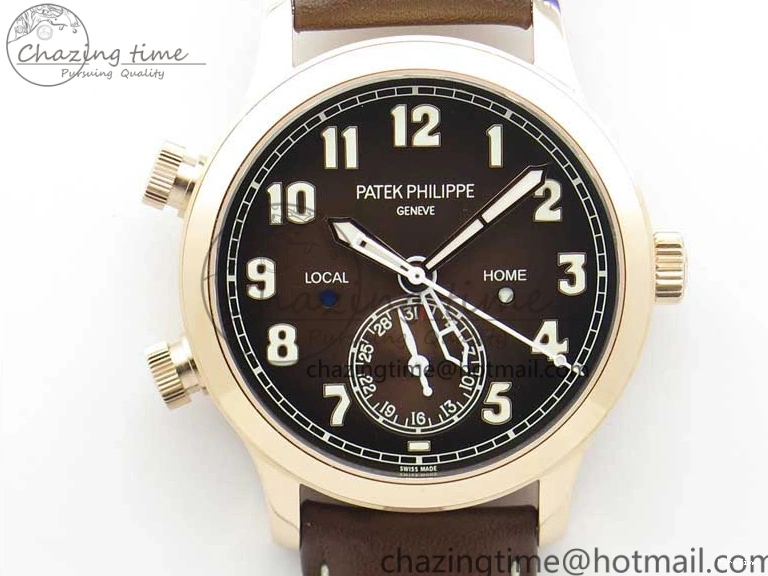 MIROTIME 0427 ZipUp Calatrava 5524R Pilot Travel Time RG GRF Brown Dial on Brown Leather Strap A324 V 7110